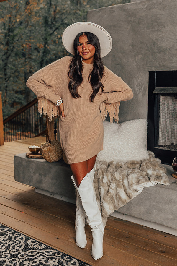 Fall Latte Fringe Sweater Dress in Iced Latte Fall Latte Fringe Sweater Dress in Iced Latte