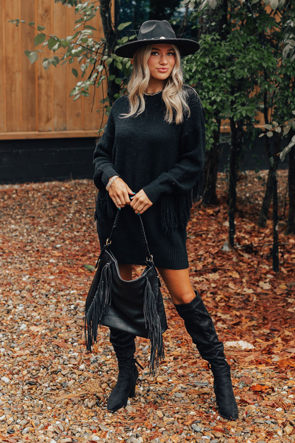 Fall Latte Fringe Sweater Dress in Black Fall Latte Fringe Sweater Dress in Black
