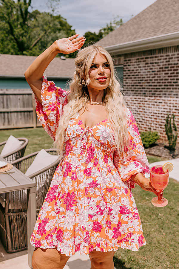 orange and pink floral mini dress Orange & Pink Floral Strapless Bodycon Mini Dress Ruched Tube Dress Juniper