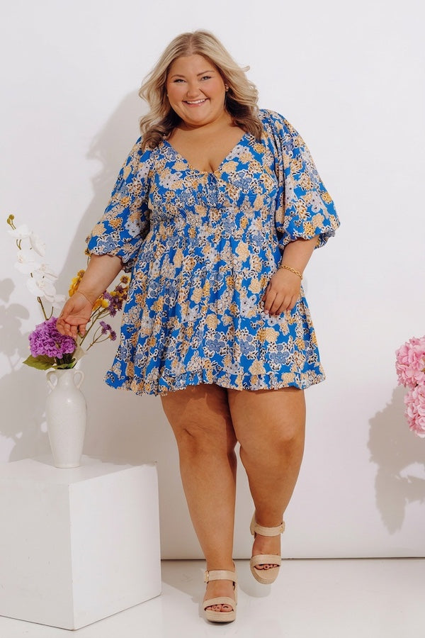 Whispering Muse Floral Mini Dress In Ocean Blue Curves 2XL / ocean-blue