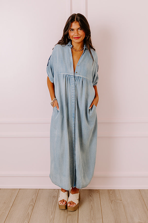 chambray denim maxi dress Short-Sleeve Denim Maxi Dress, Size M, Blue