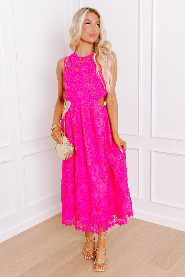 Enchanting Elegance Lace Cut Out Midi in Hot Pink L / hot-pink Enchanting Elegance Lace Cut Out Midi in Hot Pink L / hot-pink