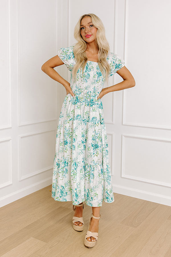 Vineyard Bound Smocked Midi in Green Vineyard Bound Smocked Midi in Green