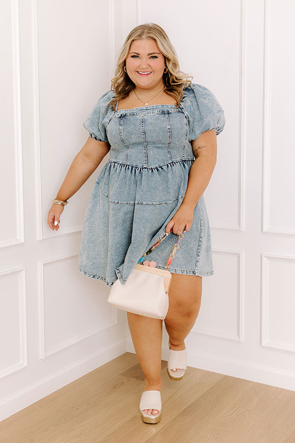 plus size denim mini dress Plus Size Blue Daily Denim Puff Sleeve Babydoll Dress Mini Dress