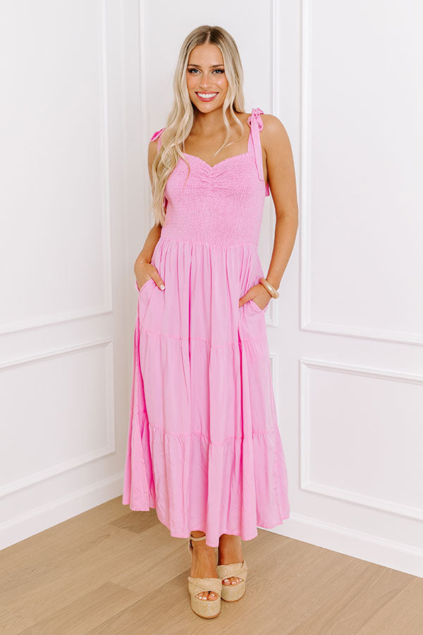 pink smocked midi dress Smocked Bow Tie Print Midi Dress - Pink Medium | Women's Online Boutique | Boho Chic Style