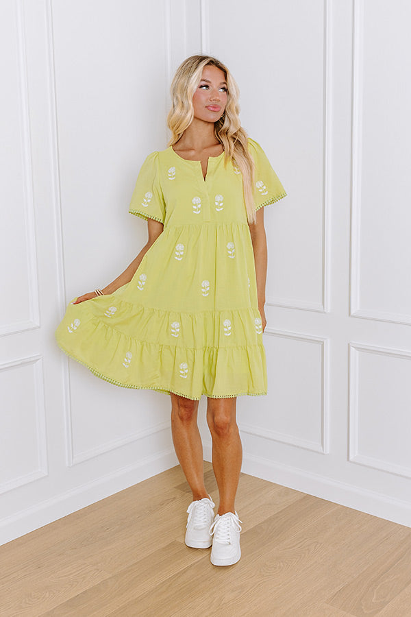 French Farmhouse Embroidered Mini Dress in Lime Punch French Farmhouse Embroidered Mini Dress in Lime Punch