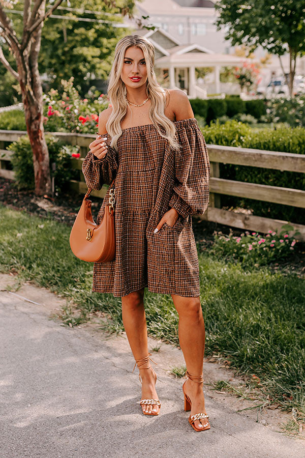 Pumpkin Spice Cutie Plaid Mini Dress in Brown Pumpkin Spice Cutie Plaid Mini Dress in Brown