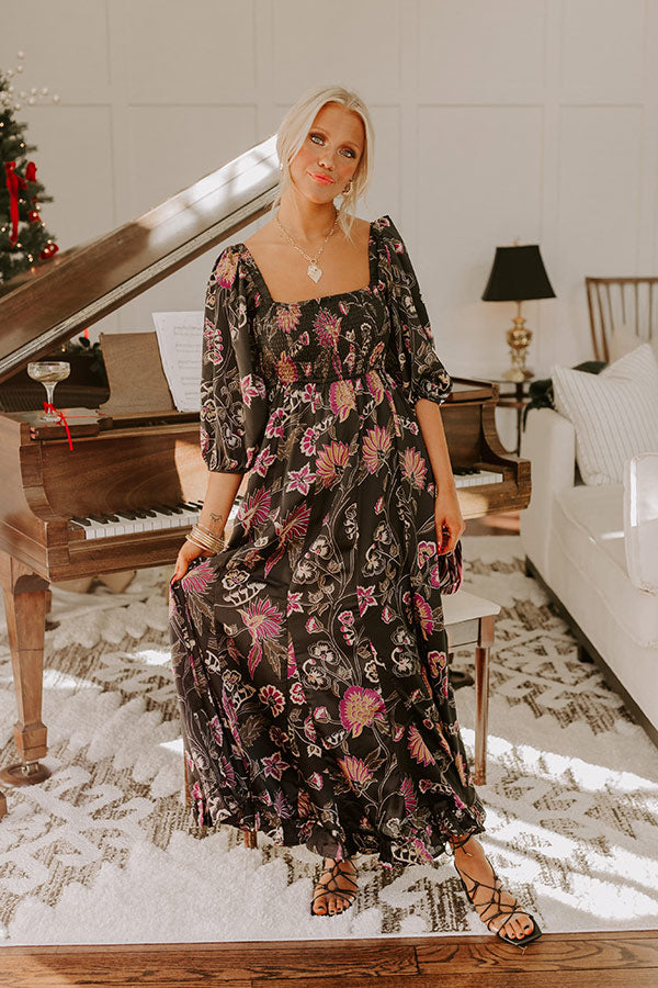 Autumn Encounters Satin Floral Maxi Dress S / Black Autumn Encounters Satin Floral Maxi Dress S / Black
