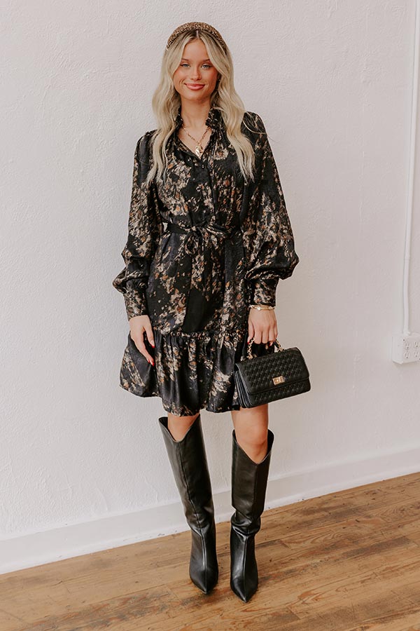 leopard print satin mini dress in black Gianni Bini Oren Leopard Print Satin Boat Neck Long Sleeve Mini Dress, Womens, 10, Dark Leopard