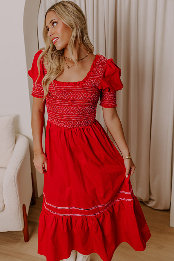 red smocked midi dress Malinda Ls Smocked Midi Dress- Red