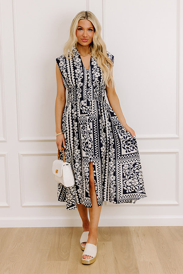 Hawaii Holiday Floral Midi Dress in Navy L / Navy Hawaii Holiday Floral Midi Dress in Navy L / Navy