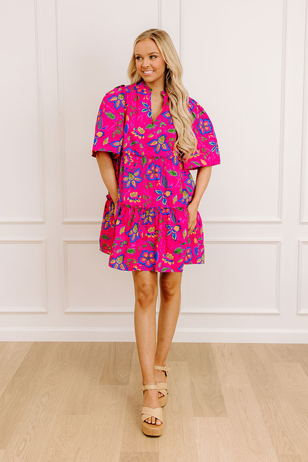 hot pink floral mini dress Hot Pink Floral Jacquard Mini Dress - Event Dresses