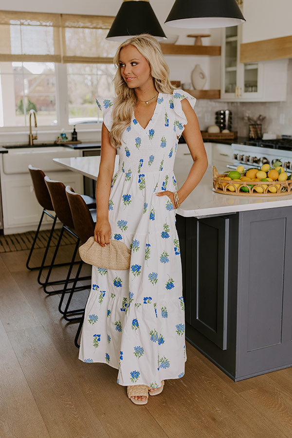 Gleaming Smile Floral Smocked Midi Dress in White Gleaming Smile Floral Smocked Midi Dress in White