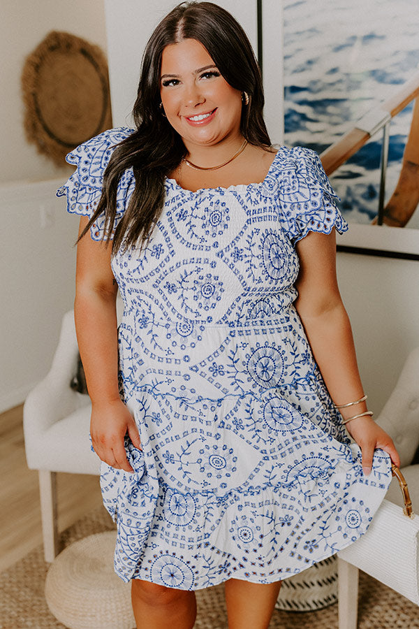 Petit Fours and Picnics Eyelet Embroidered Mini Dress Curves 1XL / blue Petit Fours and Picnics Eyelet Embroidered Mini Dress Curves 1XL / blue