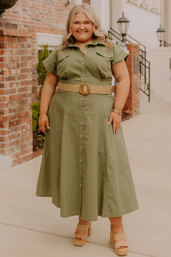 plus size button front midi dress Final Sale Plus Size Collar Button Up Midi Dress in Olive and White Design Print