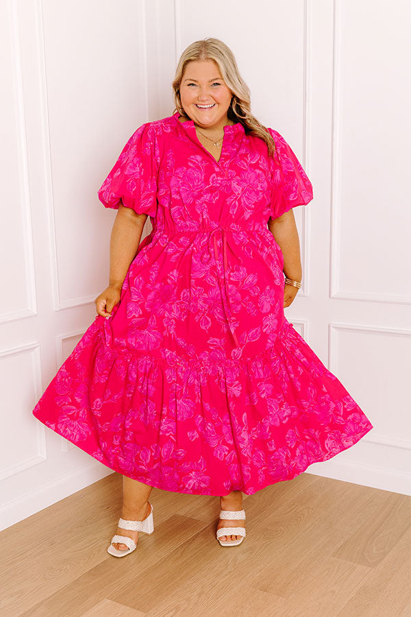 hot pink tea dress Leaf Embroidered Mesh Bustier Cami Midi Dress in Hot Pink for Garden Party & Afternoon Tea