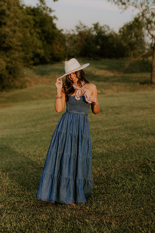 Skyline Chic Smocked Denim Maxi Dress Skyline Chic Smocked Denim Maxi Dress