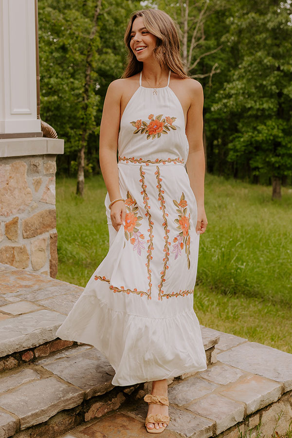 Sunset Meadow Floral Embroidered Maxi Dress M / White Sunset Meadow Floral Embroidered Maxi Dress M / White