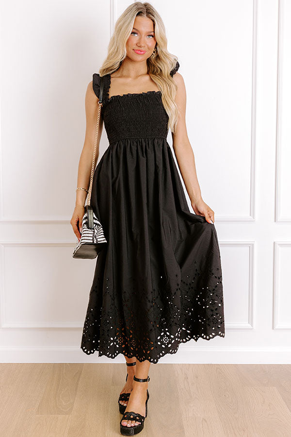 Call It Serendipity Smocked Eyelet Midi Dress in Black S / Black Call It Serendipity Smocked Eyelet Midi Dress in Black S / Black