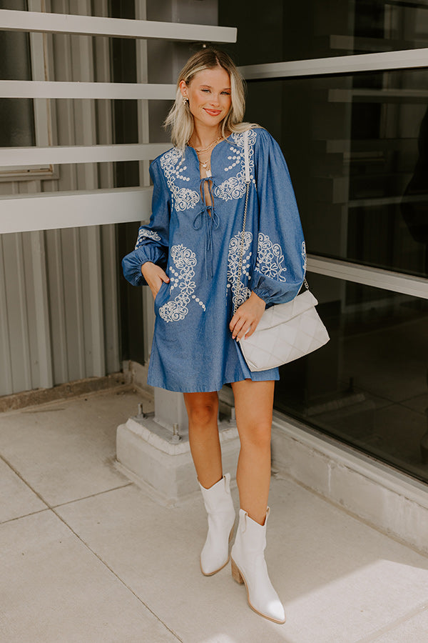 Brunch Chic Embroidered Mini Dress M / denim medium wash