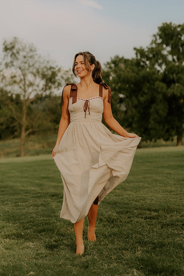 Charming Views Gingham Midi Dress L / warm taupe Charming Views Gingham Midi Dress L / warm taupe