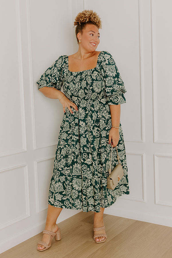 hunter green midi dress Mystic Garden Floral Smocked Midi Dress in Hunter Green Curves 3XL / hunter-green