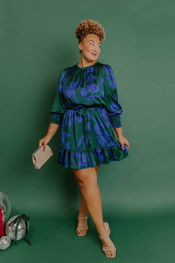Rooftop Cocktails Floral Satin Mini Dress Curves 1XL / hunter-green