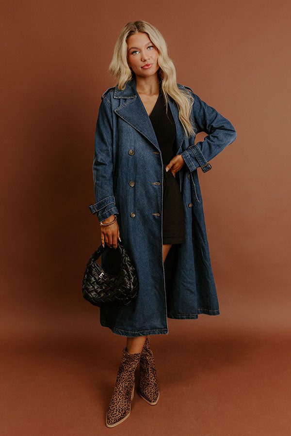 denim trench coat dress Double-breasted Strappy Denim Trench Coat AROLORA