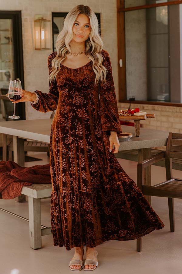 Champagne Toast Floral Velvet Maxi Dress in Chocolate Champagne Toast Floral Velvet Maxi Dress in Chocolate