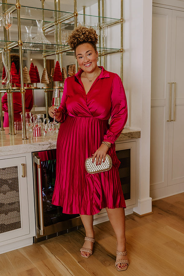 Evening Glow Pleated Satin Midi Dress in Wine Curves 2XL / Wine