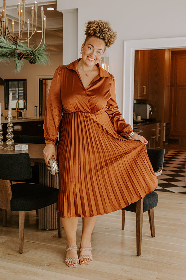 satin dress pleated Evening Glow Pleated Satin Midi Dress in Cinnamon Curves 1XL / Cinnamon