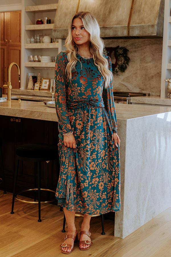 Evening Muse Floral Velvet Burnout Midi Dress S / Teal Evening Muse Floral Velvet Burnout Midi Dress S / Teal