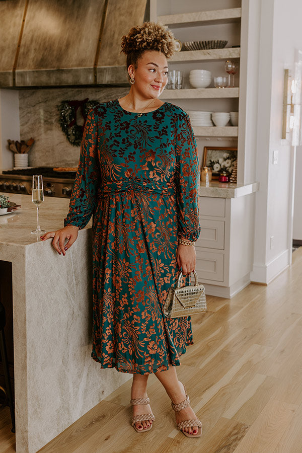 Evening Muse Floral Velvet Burnout Midi Dress Curves 2XL / Teal Evening Muse Floral Velvet Burnout Midi Dress Curves 2XL / Teal
