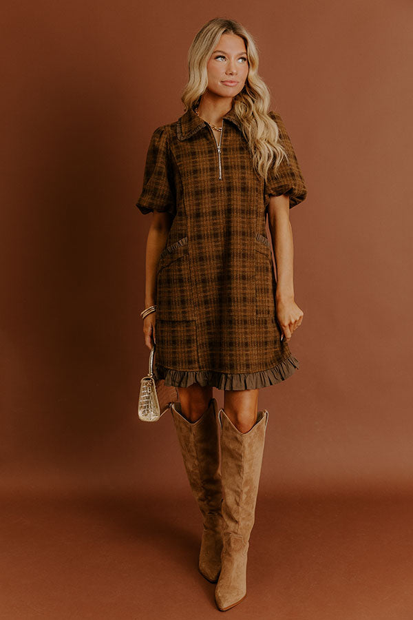 brown plaid mini dress Gathered In Style Plaid Mini Dress