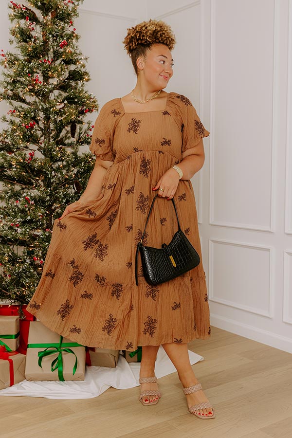 Meadow Whispers Embroidered Midi Dress Curves 1XL / Chocolate Meadow Whispers Embroidered Midi Dress Curves 1XL / Chocolate