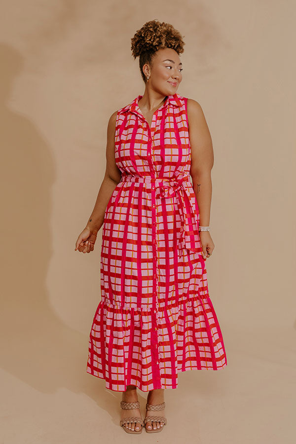 Boardwalk Stroll Plaid Maxi Dress in Hot Pink Curves 2XL / hot-pink Boardwalk Stroll Plaid Maxi Dress in Hot Pink Curves 2XL / hot-pink