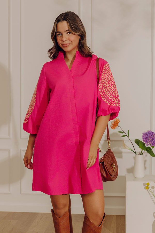 Vacay Chic Embroidered Button Down Mini Dress M / hot-pink