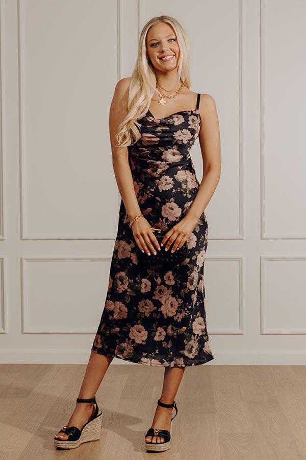 Garden At Midnight Floral Satin Midi Dress S / Black Garden At Midnight Floral Satin Midi Dress S / Black
