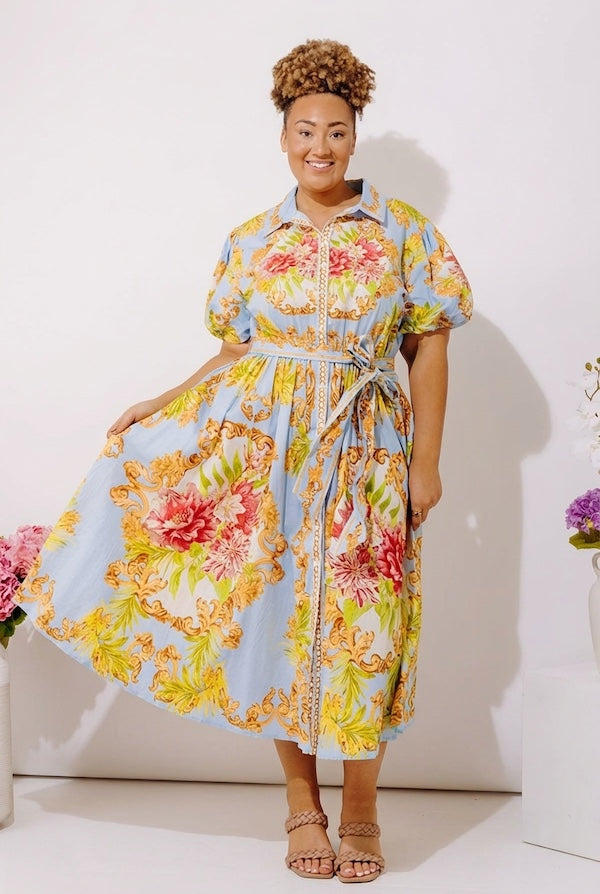 flowers coming dresses Garden Party Ready Floral Button Down Midi Dress Curves 3XL / sky blue