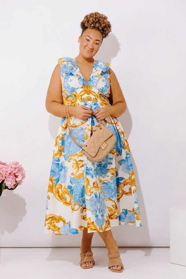blue and yellow floral midi dress Montebello Puff Sleeve Maxi Dress Floral Blue/Yellow