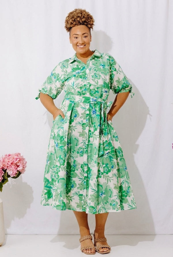 Garden Charm Floral Button Down Midi Dress Curves 1XL / green Garden Charm Floral Button Down Midi Dress Curves 1XL / green