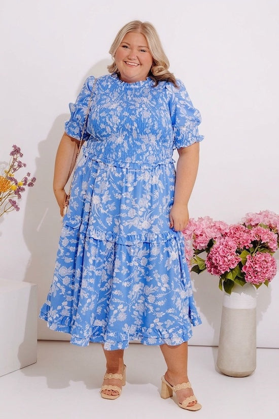 Casual Garden Smocked Floral Midi Dress Curves 2XL / Light Blue Casual Garden Smocked Floral Midi Dress Curves 2XL / Light Blue