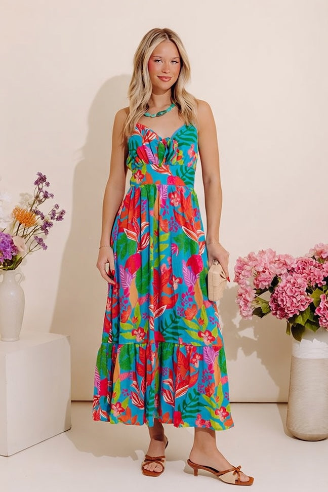 Tropical Views Floral Midi Dress S / blue