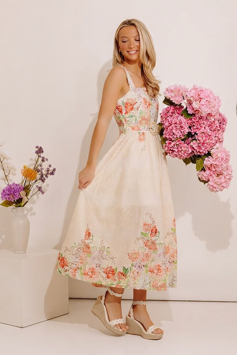 floral.midi dress Altar'd State | Malibu Floral Midi | PINK-ORANGE | Material: 65% Cotton, 35% Rayon, Lining: 100% Polyester fitted waist sits atop a figure Angie Ditsy Floral Printed Short