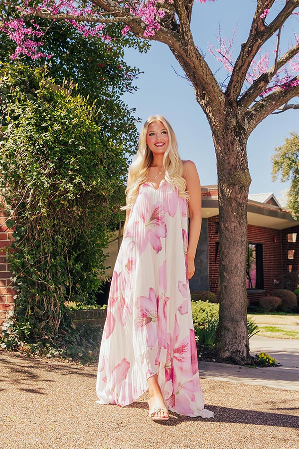 the painted pink dress Painted Petals Pleated Midi Dress L / cream