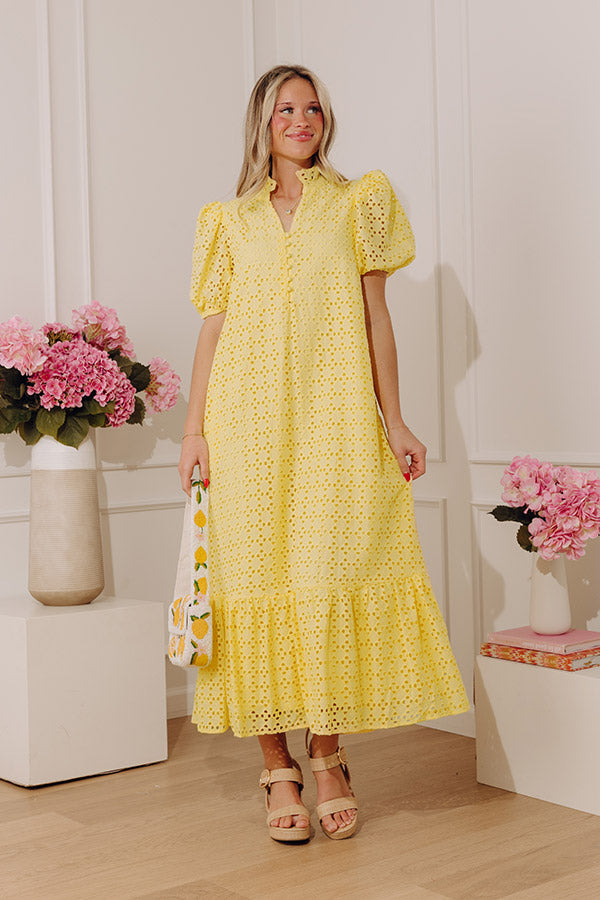 yellow eyelet midi dress The Casper Eyelet Midi Dress in Spring Yellow Medium