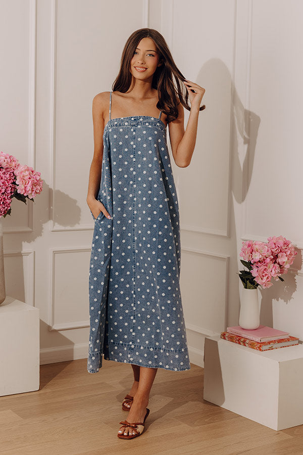 Sweet Spot Polka Dot Denim Midi Dress S / Denim medium wash Sweet Spot Polka Dot Denim Midi Dress S / Denim medium wash