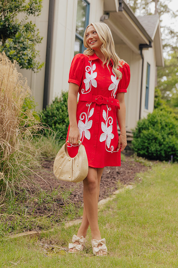 Sunday Stroll Floral Embroidered Linen-Blend Mini Dress in Red M / Red Sunday Stroll Floral Embroidered Linen-Blend Mini Dress in Red M / Red