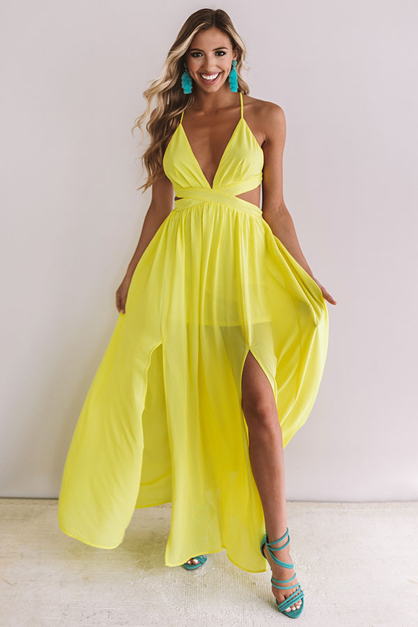 Bali Bombshell Lace Up Maxi Dress In Neon Yellow Bali Bombshell Lace Up Maxi Dress In Neon Yellow