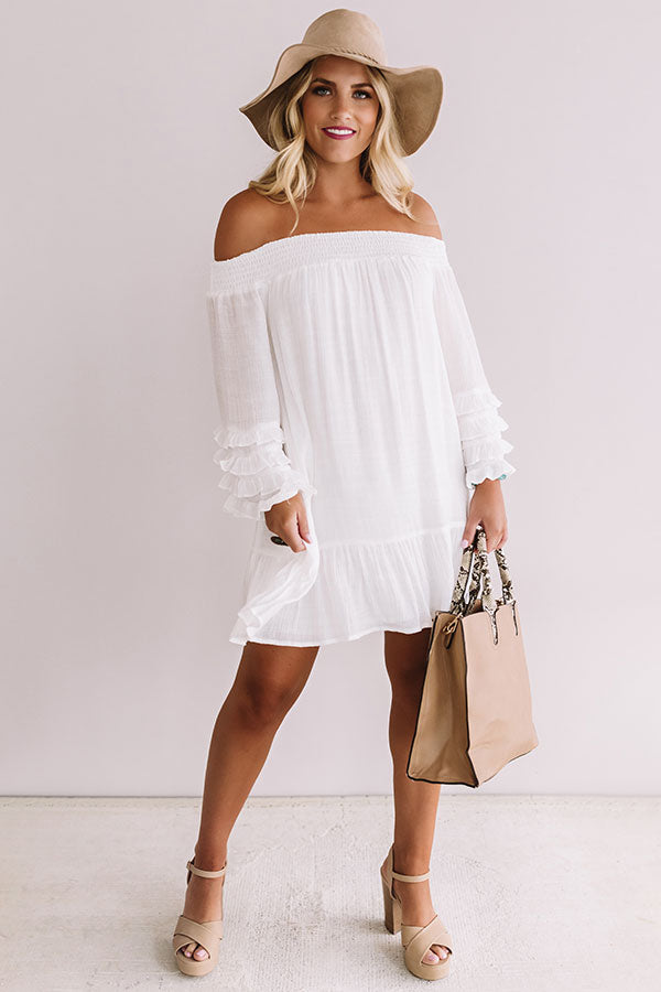 white off shoulder shift dress OFF-SHOULDER LONG SHIFT DRESS IN WHITE